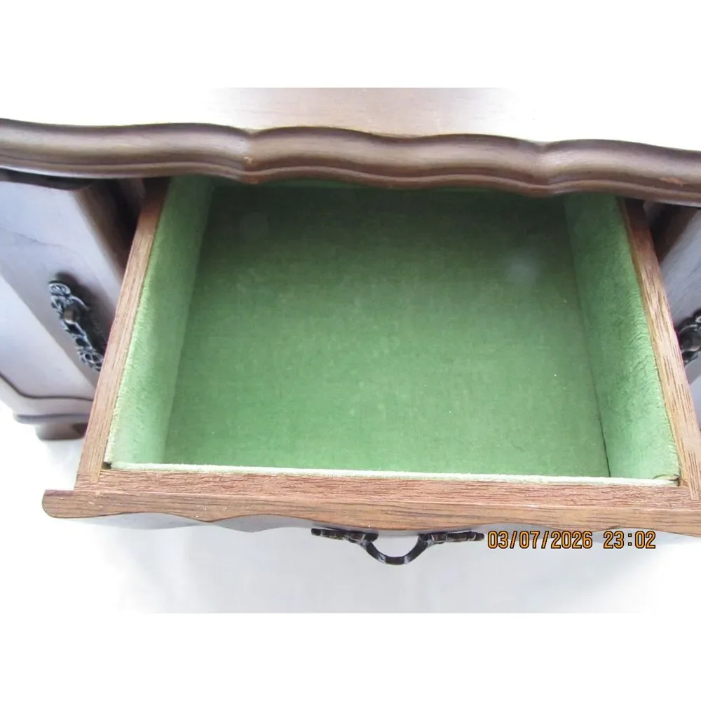 Vintage wood jewelry box 9 drawer, jewelry chest armoire Japan pine green velvet